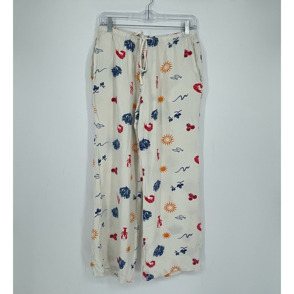 Cali 1850 Women's White Lobster Sun Print Linen Blend Wide Leg Pants Size M